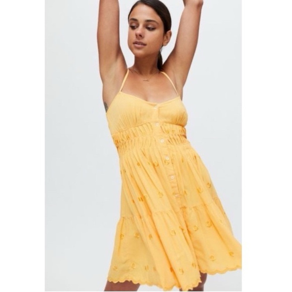 urban outfitters yellow embroidered strappy back mini dress size large